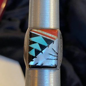 Native American Zuni Authentic Geometrical Multi-stone Inlay Ring C.M.Booqua 9.5